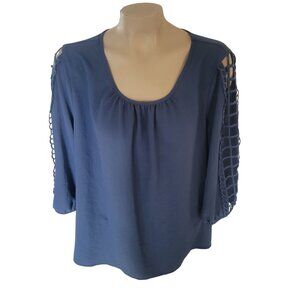 NYCC Womens 2X Blue Blouse With Crochet Sleeves & Scoop Neckline - Lightweight &
